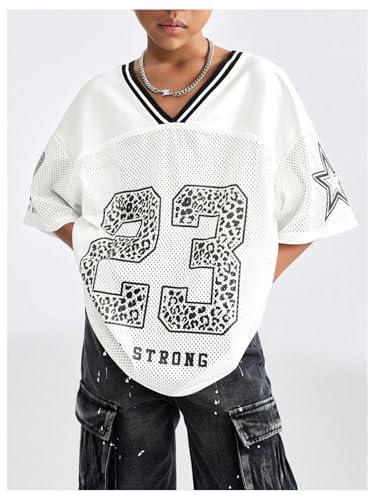 Image of BEAUDRM Girl's Jersey Shirts Leopard Number Print Jersey Shirt Cheetah V Neck Half Sleeve Oversized Tee Tops
