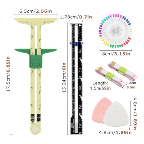 Sewing Gauge Measuring Tool Set, 5-in-1 Sliding Marker & Seam Gauge Ruler, Fabric Quilting Tool with 2 Pcs Measuring Tapes for Quilting, Knitting, Crafting, Button Hole Marking, Hem Guide (7 Pieces)