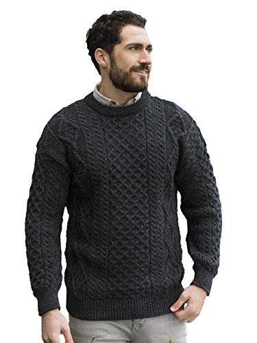 Aran Crafts Irish Soft Cable Knitted Wool Crew Neck Unisex Sweater (C1347-LARGE-CHAR) Charcoal
