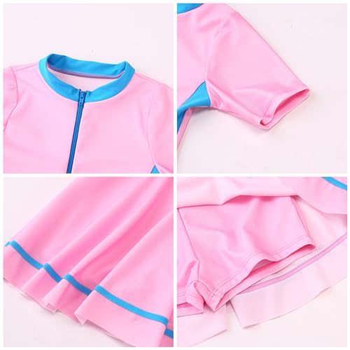 Image of IDOPIP Girls Short Sleeve Swimsuit Summer One Piece Swim Dress with Boyshorts Beach Rash Guard Bathing Suit Swimming Suit