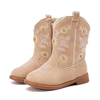 BMCiTYBM Toddler Girl Cowgirl Cowboy Boots Floral Pointed Toe Western Boots Mid Calf Side Zipper Riding Shoes for All Seasons Camel Size 9 Toddler