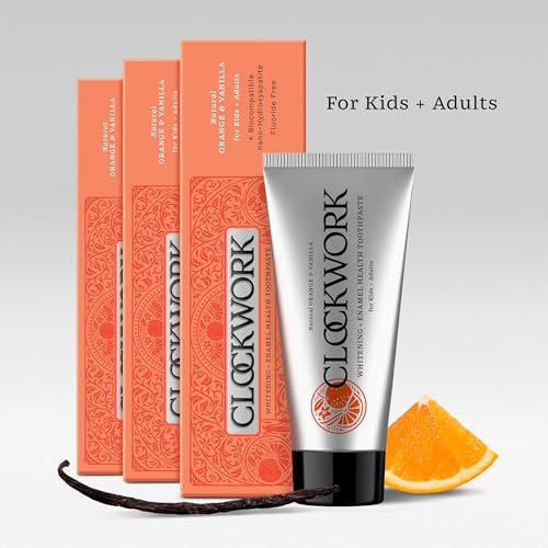 Image of Clockwork Kids Toothpaste with 5% HydroXy (Nano-Hydroxyapatite + Xylitol) | Enamel Repair & Cavity Protection | Fluoride Free, SLS Free | Orange Vanilla 80g | Pack of 3