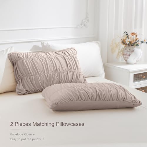 Masaca Oversized King Size Comforter 128x120,3 Pieces Vintage Taupe Ruched Bedding Comforter Set Lightweight Ultra Soft Shabby Boho Chic Bedding (1 Ruffle Comforter +2 Pillowcases) by Masaca - Image 5