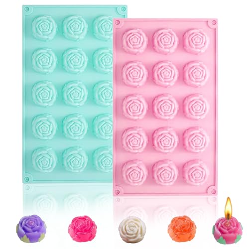2 Pack Silicone Soap Molds,15-Cavities Small Rose Flower Silicone Molds for Soap Making,Great for Handmade Lotion Bars,Biscuit,Chocolate,Moon Cake