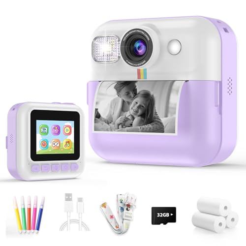 Kids Camera Instant Print, Christmas Birthday Gifts for Girls Boys, Children Digital Camera with 32GB Card, 1080P Video Toddler Print Camera, Portable Kids Toys for Girls Age 3 4 5 6 7 8 9 10 (Purple)