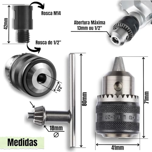 Kit Mandril com Chave + Parafuso Conector Mandril Conversor Adaptador de Rosca M14 pra 1/2Pol 20unf