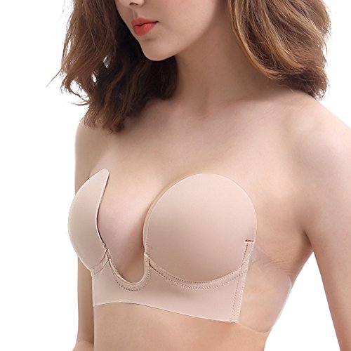 Waitiee Push-Up Klebe-BH Trägerloser BH Mit Sexy U Plunge Invisible Push Up Silikon Rücken Unsichtbaren BHS Für Damen (beige, D)