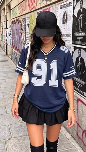 Image of Jersey Shirts for Women Y2k Graphic Tees V Neck Baggy Streetwear Number Oversized T Shirt Summer Tops