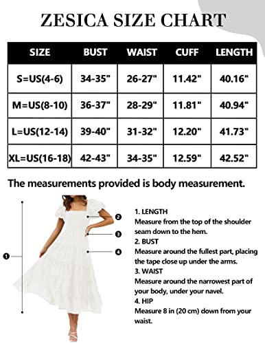 Zesica Women's 2023 Summer Square Neck Short Puff Sleeve Solid Color High Waist Casual Smocked Flowy A Line Tiered Midi Dress,White,Small #TOP4