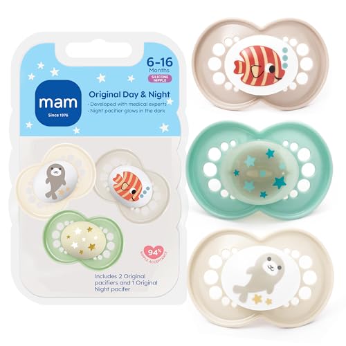 Image of MAM Original Baby Pacifiers 0-6 Months, Binky for Newborn Babies, BPA-Free Skin Soft Silicone Nipple, Glows in The Dark, Developed with Medical Experts, 3 Count, Made in Europe