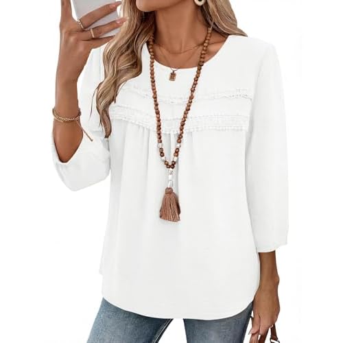 Ivicoer 3/4 Length Sleeve Womens Tops Crewneck Dressy Casual Chiffon Blouses Flowy Lace Boho Clothing Trendy 2026