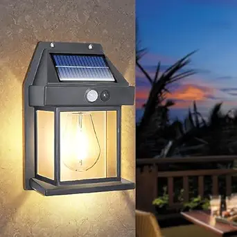 CLEMATIS Solar Wall Lights Outdoor, Wireless Dusk to Dawn Porch Lights Fixture, Solar Wall Lantern with 3 Modes & Motion Sensor, Waterproof Exterior Spotlight Fixtures (Black)