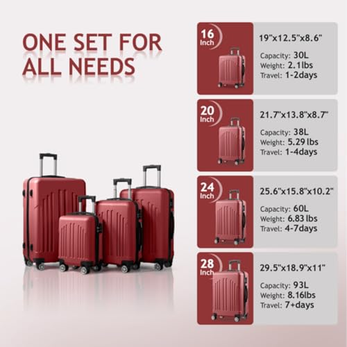 4-Piece Suitcase, Trolley Case, Travel Bag, 16-inch 20-inch 24-inch 28-inch, Curved Vertical Stripes, ABS, Aluminum Alloy Trolley Case, Retro Color, Retro Red4