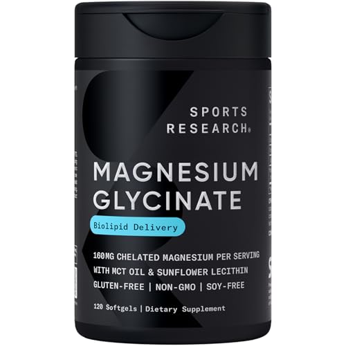 Image of Sports Research Magnesium Glycinate - Suports Restful Sleep & Enzymatic Processes - 160 mg Chelated Magnesium - Liquid Softgel - 120 Count