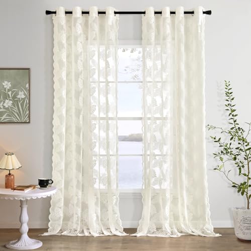 MIULEE Set de 2 Cortinas de Encaje Con Ojales - Motivo de Hojas Estilo Vintage Europeo Para Salón y Dormitorio - Decorativas, 2X H260 x L150 cm, Blanco Marfil