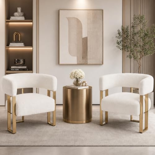 Hyfirm White Boucle Accent Chairs Set of 2, Modern Upholstered Barrel Chairs with Gold Metal Legs, Comfy Vanity Chairs for Bedroom, Living Room, Reception Area, Luxury Accent Seating