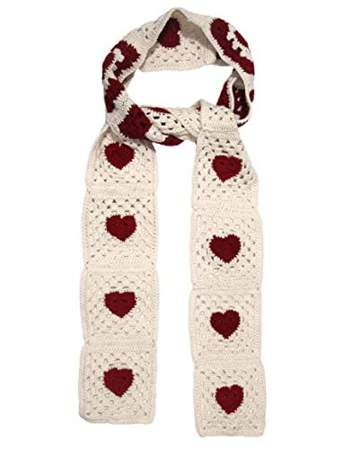 BIBITIME Handmade Knit Colorful Grid Floral Granny Square Scarf Crochet Warm Neck Warp Women Lady Winter (One Size, Beige Wine Red)
