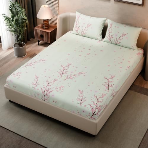 Image of BLISSHOME SoftTouch 140TC Cotton King Size Fitted Bedsheet with 2 Pillow Covers, Silky Smooth Bedding Set, Breathable, Easy Maintain, Floral Print - Pink, White (182cm x 198cm x 25cm Drop)