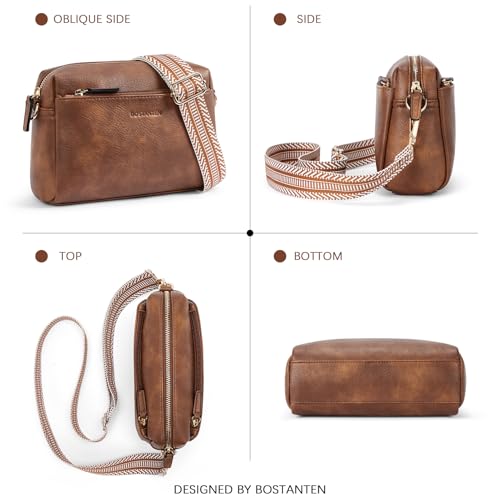Image of BOSTANTEN Small Crossbody Purse for Women Triple Zip Cell Phone Leather Handbag with Colored Shoulder Strap