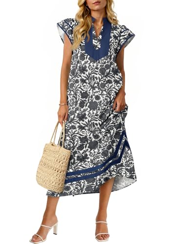 Image of Wenrine Womens Summer Floral Maxi Dress Casual Short Cap Sleeve V Neck Color Block Side Slit Loose Boho Beach Dresses