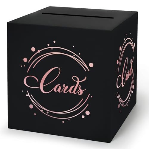 Image of 1 Pack Black and Rose Gold Foil Card Box for Party, 8.7 inch Black Gift Card Box Money Box for Birthday, Wedding, Baby Shower, Retirement, Anniversary, Bridal Shower, Raffle Ticket