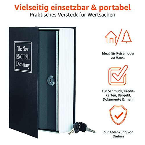 Amazon Basics Buch-Safe, Schloss mit Schlüssel - 5.6 x 15.5 x 23.9 cm, Schwarz