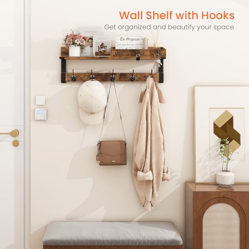 Homode Coat Rack with Shelf, Wall Shelf with Hooks, 26 Inch Long Coat Hanger Wall Mount with Key and Mail Holder, Wood Entryway Shelves for Hanging Hat Jacket Backpack Purse, Rustic Brown Black by Homode - Used condition - Image 2