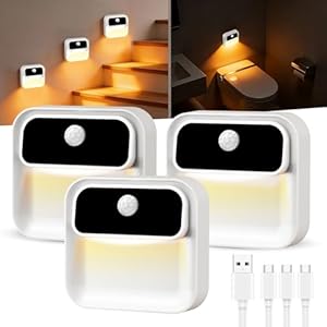 Stair Lights Indoor,2500mAh Rechargeable, Wireless Motion Sensor Night Light,Adjustable Brightness,Bathroom,Toilet Light,Cabinet,Bedroom,Stick on, mini Wall Light(White, 3 Pack)