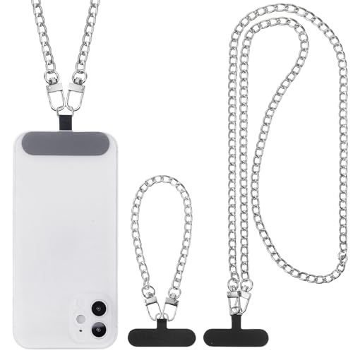 Canlierr 2 Pack Phone Chain Crossbody Phone Strap Lanyard Metal Neck Wrist Bracelet Chain Charm with Tether Tab for Women(Silvery)