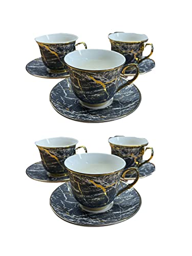Service à café 12 pièces en porcelaine avec soucoupes - Aspect marbre gris - Bordure dorée