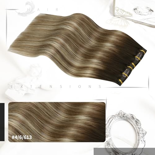Moresoo Clip in Hair Extensions Human Hair 20 Inch 7pcs/120g Clip in Human Hair Extensions Balayage Dark Brown to Medium Brown with Platinum Blonde Real Hair #4/6/613 - Image 2