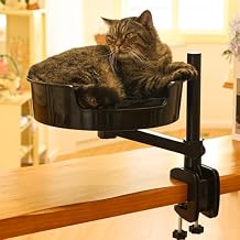 Cat Bed Desk with Pet Mat, Cat Hammock for Desk with Bowl, 360 Rotation and Adjustable Height, Black