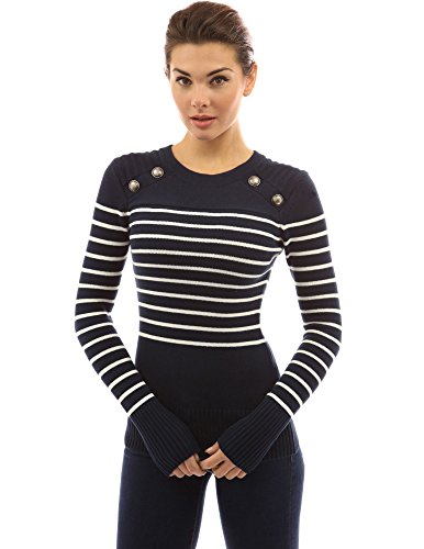 PattyBoutik Women Crewneck Striped Military Sweater (Navy Blue and Ivory X-Large) - Thumbnail 4