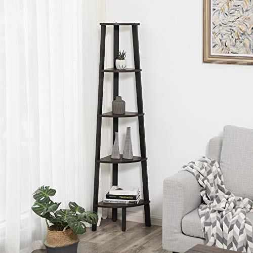 VASAGLE Industrial Corner Shelf, 5-Tier Ladder Bookcase, Storage Rack, with Metal Frame, for Living Room, Home, Office, Rustic Dark Brown