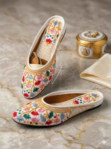 Image of Women Embroidered Jutti, Floral Ethnic Mojari, Slip-On Flats for Wedding, Festive (UK Footwear Size System, Adult, Women, Numeric, Medium, 10) Multicolour