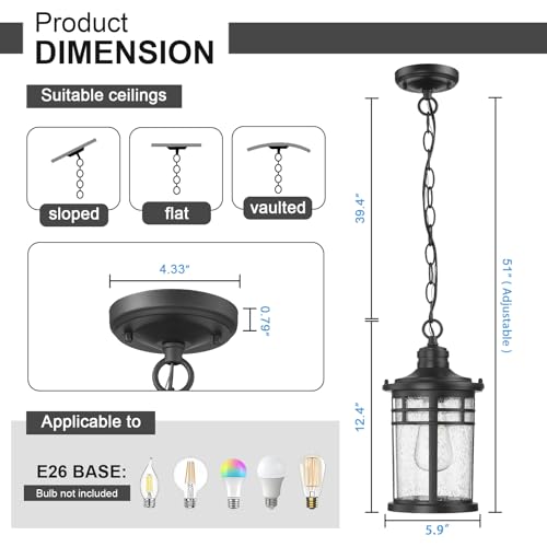 Image of Darkaway Outdoor Pendant Lights for Porch, Outdoor Chandelier Hanging Porch Lights Ceiling Mount Aluminum with Seeded Glass for Front Porch Gazebo Patio (Medium, Black)
