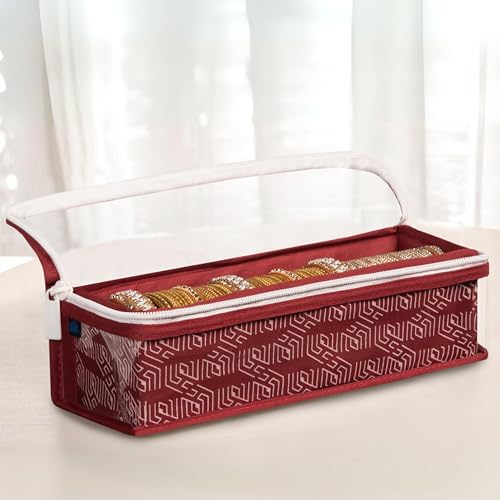 Image of HomeStrap Cotton Single Rod Bangle Box with Transparent Top | Waterproof, Dustproof Organizer for Bangles, Chudis, Bracelets, Watches & Jewellery | Compact Storage Organizer | Maroon | Pack of 1