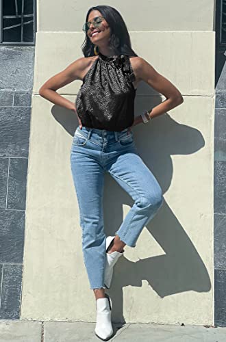 Btfbm Women Sleeveless Tie Mock Neck Summer Tops Loose Leopard Print Casual Side Bow Satin Halter Tank Top Blouse Shirts(Halter Black, Large) #TOP3