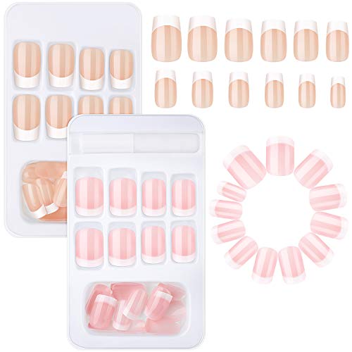 48 Pieces French False Nail Tips Short Medium Fake Nails Artificial Acrylic Full Cover Fingernails with Nail Files, Stick for Nail Decorations, 12 Different Sizes 2 Boxes