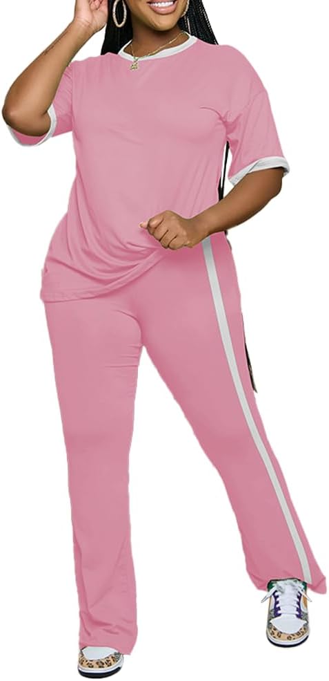 PINSV 2 Piece Sets for Women Summer Casual Short Sleeve Top and Flare Pants Lounge Sets - Image 2