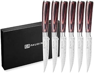 PAUDIN Steak Knives Set of 6, Kitchen Steak Knife 4.5 Inch, Super Sharp Steak Knives with High Carbon Stainless Steel, Serrated Steak Knife with Ergonomic Pakkawood Handle, Dinner Knives with Gift Box