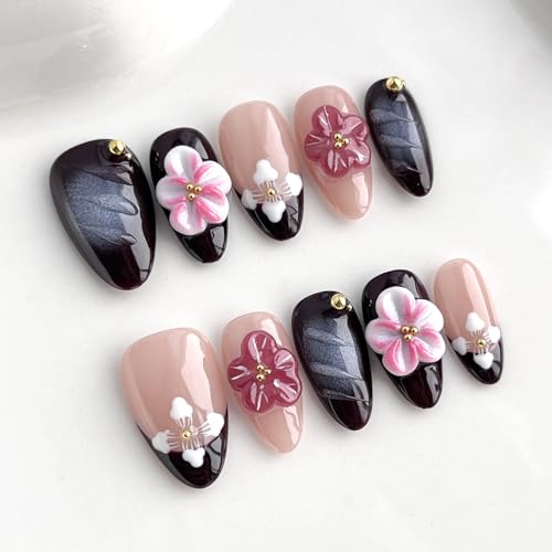 Handmade Press on Nails Almond Short 3D Floral Nails French Tip T...