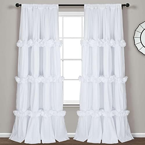 Forest Dance Ruffled Window Curtains with Blackout Liner, 2 Panels Boho Ruched Window Treatments with Butterfly Flowers, Rustic Rod Pocket Drapes for Bedroom, 54" W x 84" L, White (EVA)