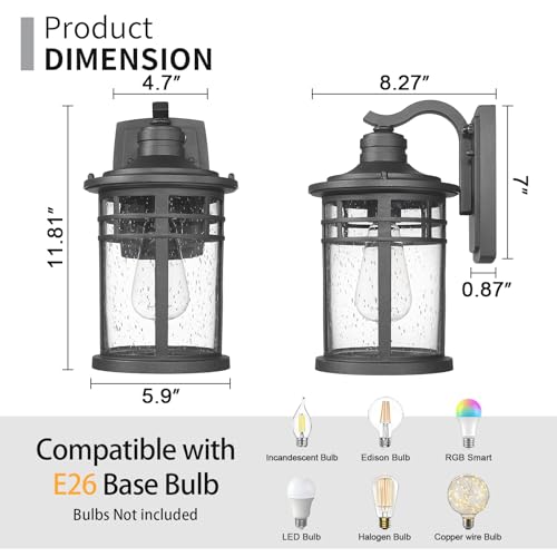 Image of Darkaway Dusk to Dawn Outdoor Porch Wall Light,Outside Wall Mounted Light Seeded Glass Exterior Waterproof Lantern Modern Wall Sconce Lighting for House Front Door Garage