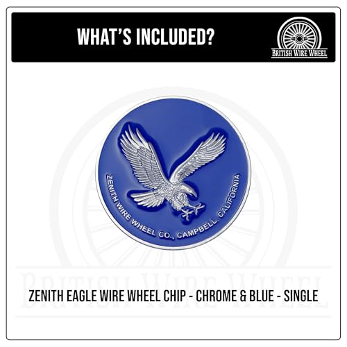 Image of Zenith Eagle Chrome & Blue Metal Wheel Chip Emblem (Single) | Triple Chrome Plated Solid Metal Wheel Chip Emblem, 2.25 inch | for Lowriders with Recessed Knock Off Spinner Caps