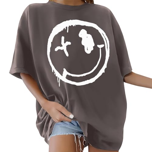 Yuson Girl Women Oversized T-Shirt Tops for Women Vintage Drop Shoulder Short Sleeve Top Ladies Blouse Tee Shirt Crew Neck Baggy Tee Casual Loose Summer Tops Dark Grey