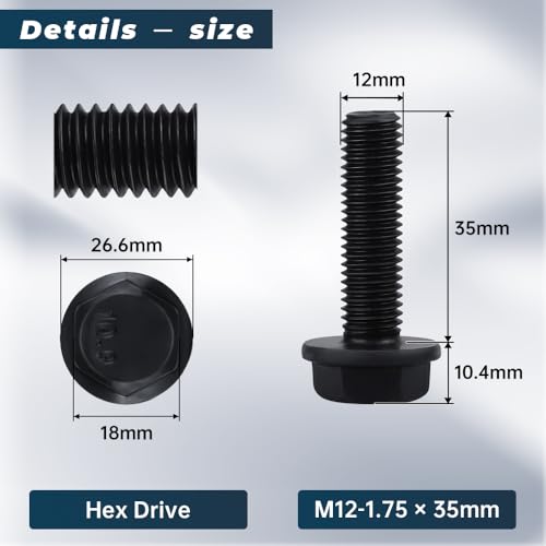 Image of Glvaner M12-1.75 x 35mm (8 pcs) Alloy Steel Flanged Washer Head Hex Bolts, Extra-Large Washer Head, 10.9 Grade Black Oxide Finish GB5789 Full Thread