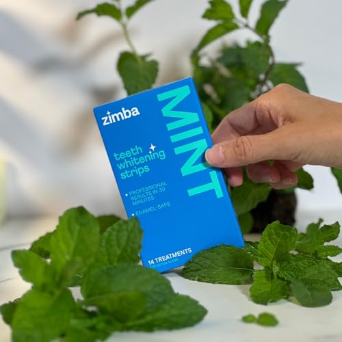 Image of Zimba Teeth Whitening Strips Vegan Whitening Strip Enamel Safe Teeth Whitening Hydrogen Peroxide Teeth Whitener for Coffee, Wine, Tobacco, and Other Stains, 28 Strips (14 Day Treatment), Mint