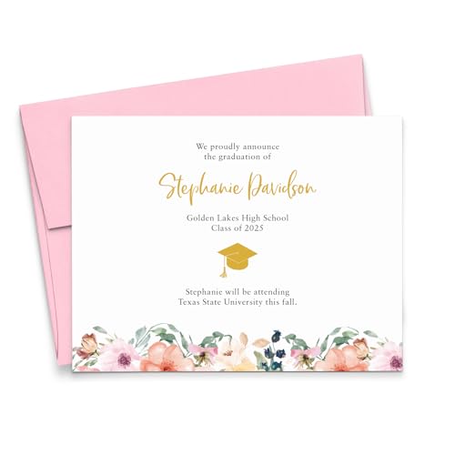 Custom Graduation Announcements 2025 Cards, FLAT Personalized High School Grad Announcement Cards With Envelopes, Senior Announcement Card With Flowers, Your Choice of Quantity and Envelope Color