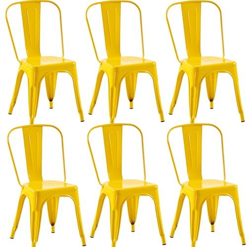 Image of Metal Dining Chairs with Backrest, Stackable, Yellow, 6 Pack | Easy Assembly, Non-Slip Feet, 330 lb Capacity, Kitchen, Restaurant, Cafe, Pub, Covered Patio